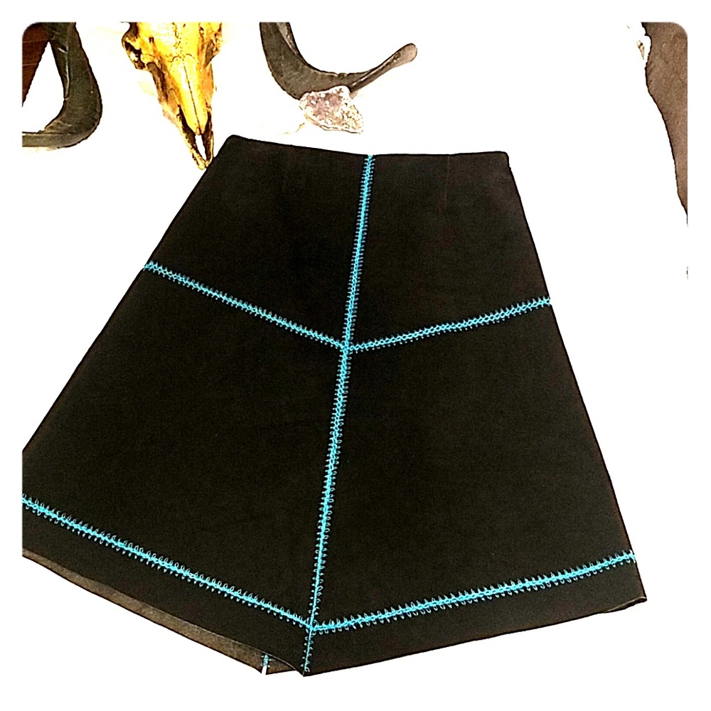 RARE Bebe Black Turquoise Suede Leather Fall Skirt